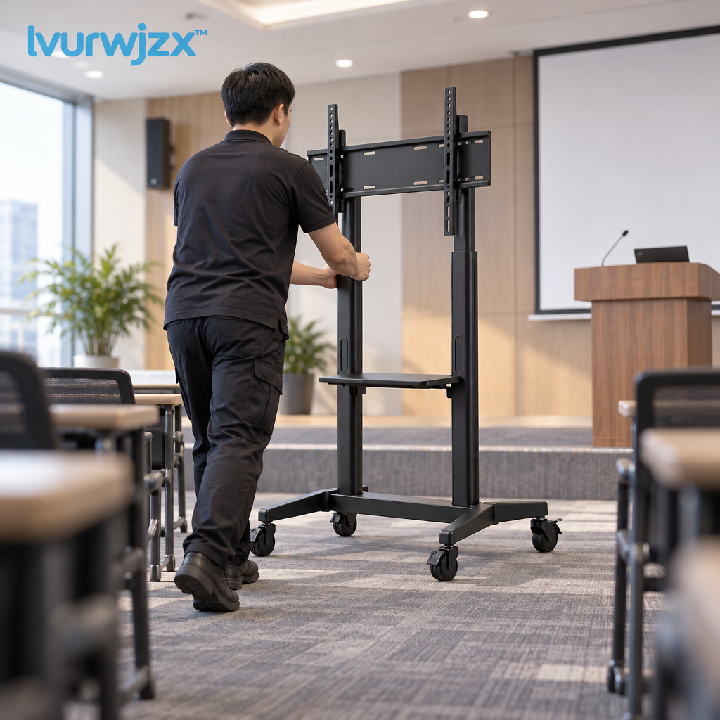 lvurwjzx™ Mobile TV Stand with Equipment Shelf - In-use scene