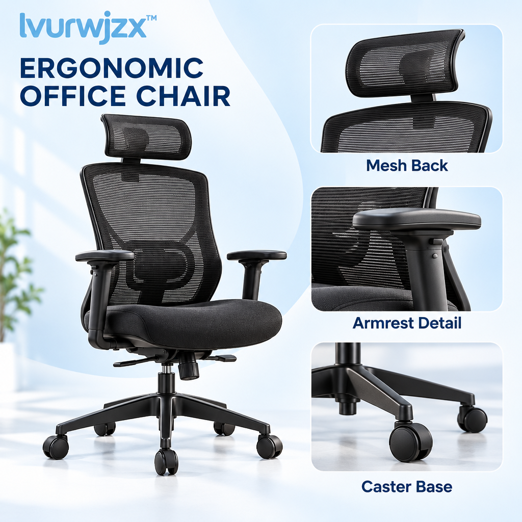 lvurwjzx™ Ergonomic Mesh Office Chair with Headrest - Product detail image